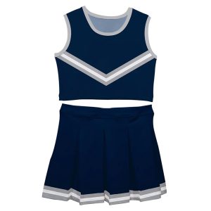 Navy Blue and Gray Cheerleading Crop Top and Pleated Skirt