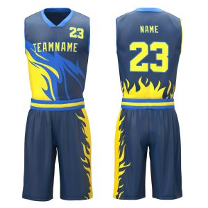 Navy and Yellow Flame Design Basketball Uniform